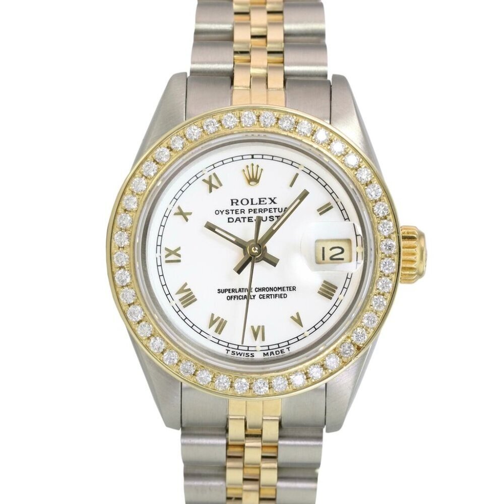 ROLEX DATEJUST WHITE ROMAN DIAL DIAMOND 18KY-STEEL JUBILEE WATCH 69173 BOX&PAPER
